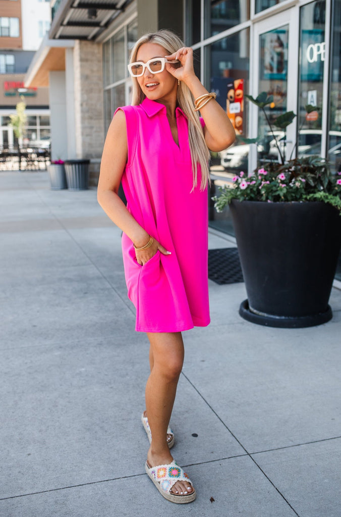 Taylor V-Neck Textured Sleeveless Dress-Hot Pink - BluePeppermint Boutique