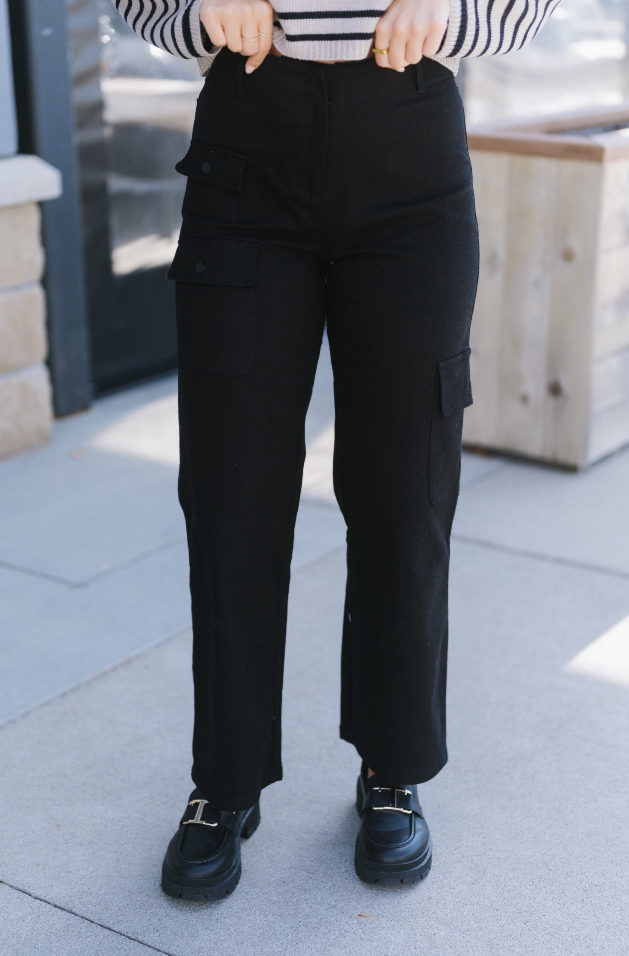 Black Wide Leg High Waisted Cargo Trouser, Trousers